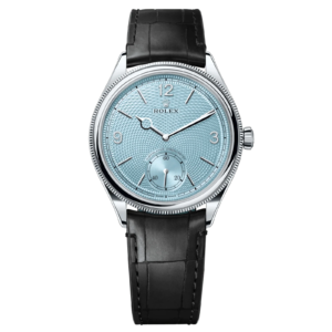 Rolex 1908 Ice Blue Motif Index Dial Leather Strap Reference 52506 Black Alligator Strap