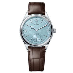 Rolex 1908 Ice Blue Motif Index Dial Leather Strap Reference 52506 Brown Alligator Strap