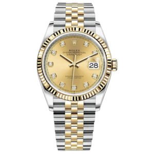Rolex Datejust 36 Yellow Rolesor Champagne Diamond Dial Fluted Bezel (Ref# 126233)