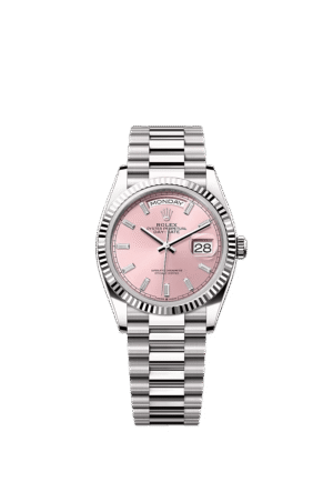Rolex Day-Date 36 mm Fluted Bezel  Pink Baguette Diamond Dial 128239