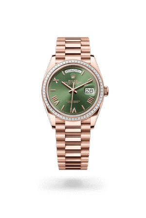 Rolex Day-Date 36 Everose Gold | Olive Green Dial, Baguette Bezel (Ref 128395TBR)