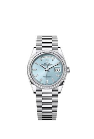 Rolex Day-Date 36 Platinum Diamond Bezel Ice Blue Baguette Index Dial Presidential Bracelet 128396TBR