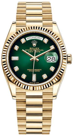 Rolex Day-Date 36 Watch Fluted Bezel Green Ombre´ Diamond Dial President Bracelet (Ref# 128238)