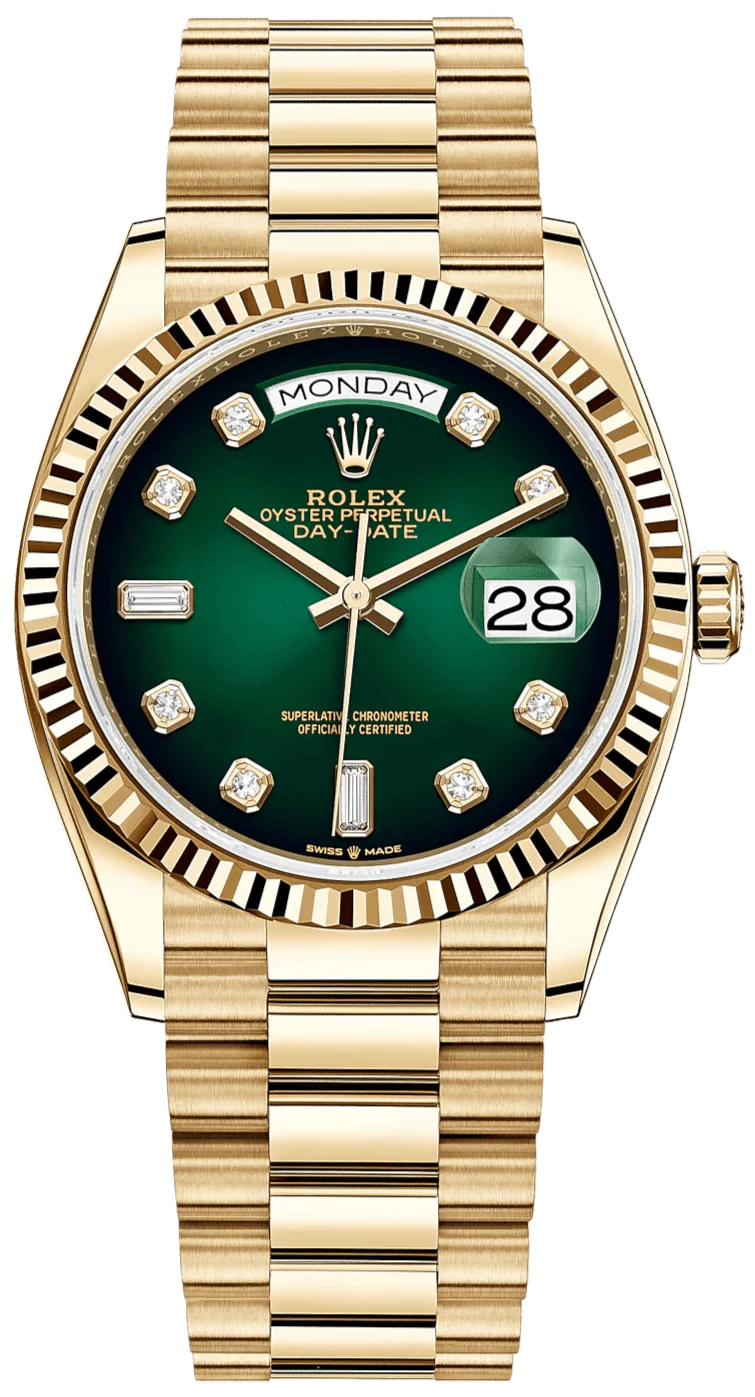 Rolex Day-Date 36 Watch Fluted Bezel Green Ombre´ Diamond Dial President Bracelet (Ref# 128238)