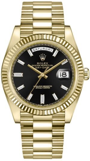 Rolex Day-Date 40 18k Yellow Gold - Baguette Diamond Dial - Fluted Bezel (Ref# 228238)