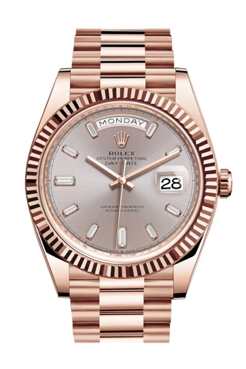 Rolex Day-Date 40 Fluted Bezel Sundust Baguette Diamond Dial President Bracelet 228235