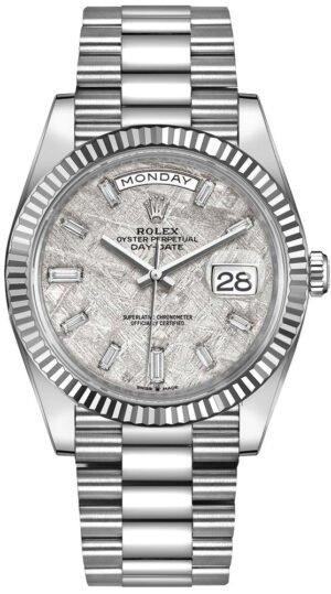 Rolex Day-Date 40mm Meteorite Baguette Dial White Gold Fluted Bezel Reference # 228239