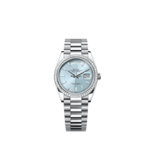 Rolex Day-Date 36 Platinum Baguette Bezel Ice Blue Dial Presidential Bracelet 128396TBR