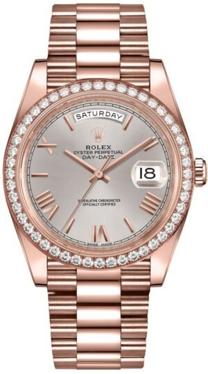Rolex Everose Gold Day-Date 40 Watch - Everose Gold Bezel - Sundust Bevelled Roman Dial - President Bracelet (Ref#228345RBR)