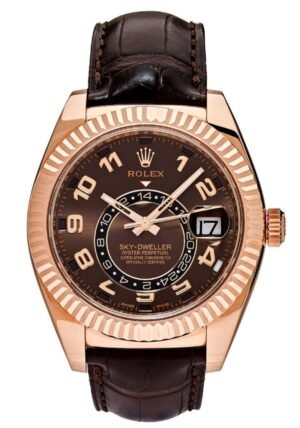 Rolex Sky-Dweller 18k Rose Gold Chocolate Arabic Dial Leather Band 326135