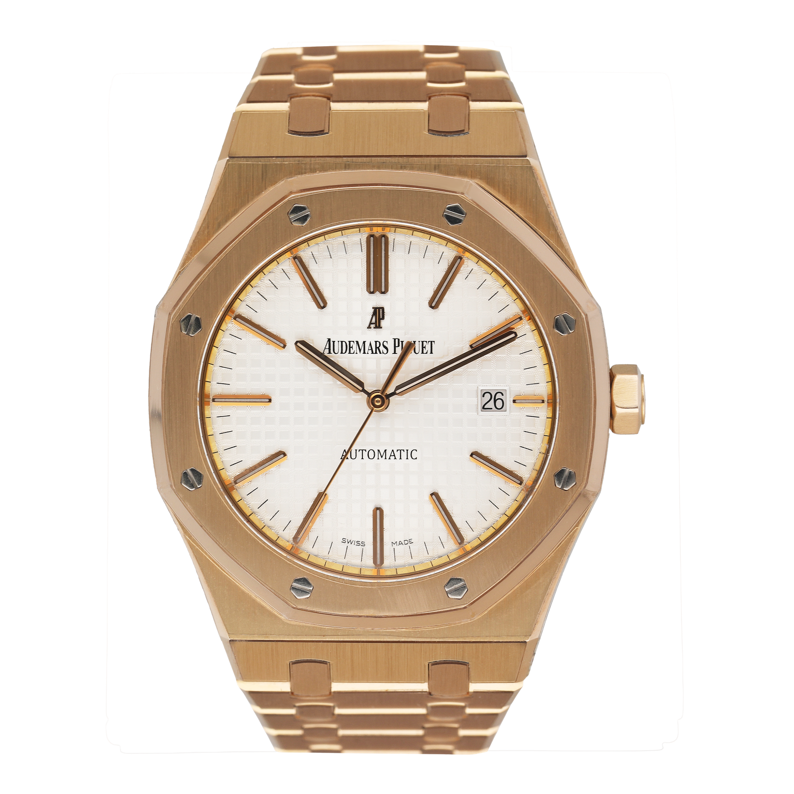 Audemars Piguet Royal Oak 15400OR 18k ouro rosa mostrador branco Caixa e Documentos