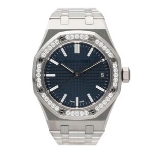Audemars Piguet Royal Oak 15551ST mostrador azul "50th Anniversary" Relógio Feminino Caixa e Documentos