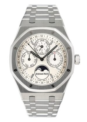 Audemars Piguet Royal Oak 26574ST mostrador branco Perpetual Calendar Relógio Masculino Caixa e Documentos