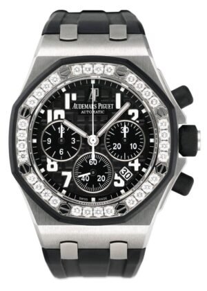 Audemars Piguet Royal Oak Offshore 26048SK Diamond mostrador preto Relógio Feminino Caixa e Documentos