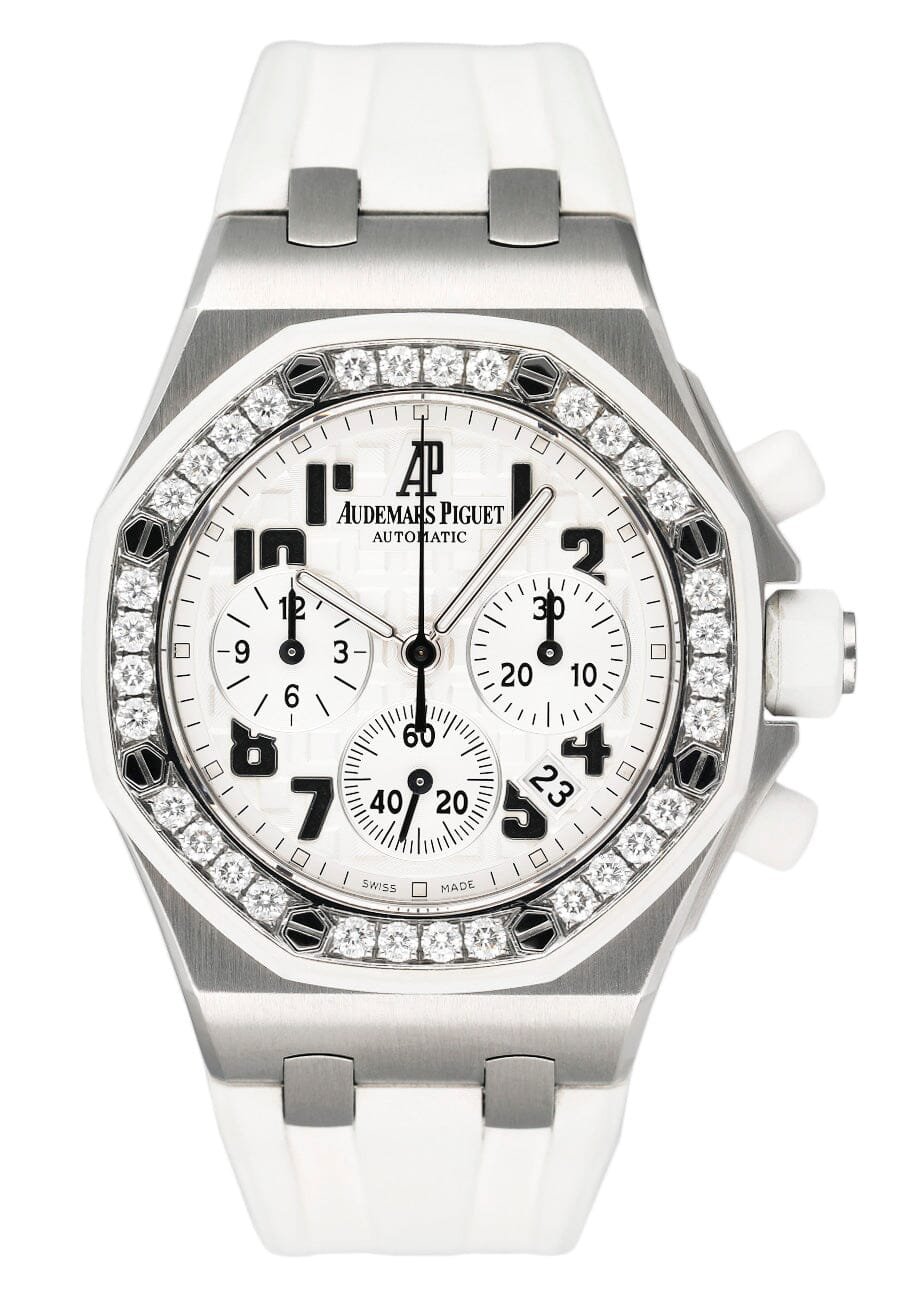 Audemars Piguet Royal Oak Offshore 26048SK Diamond mostrador branco Relógio Feminino Caixa e Documentos