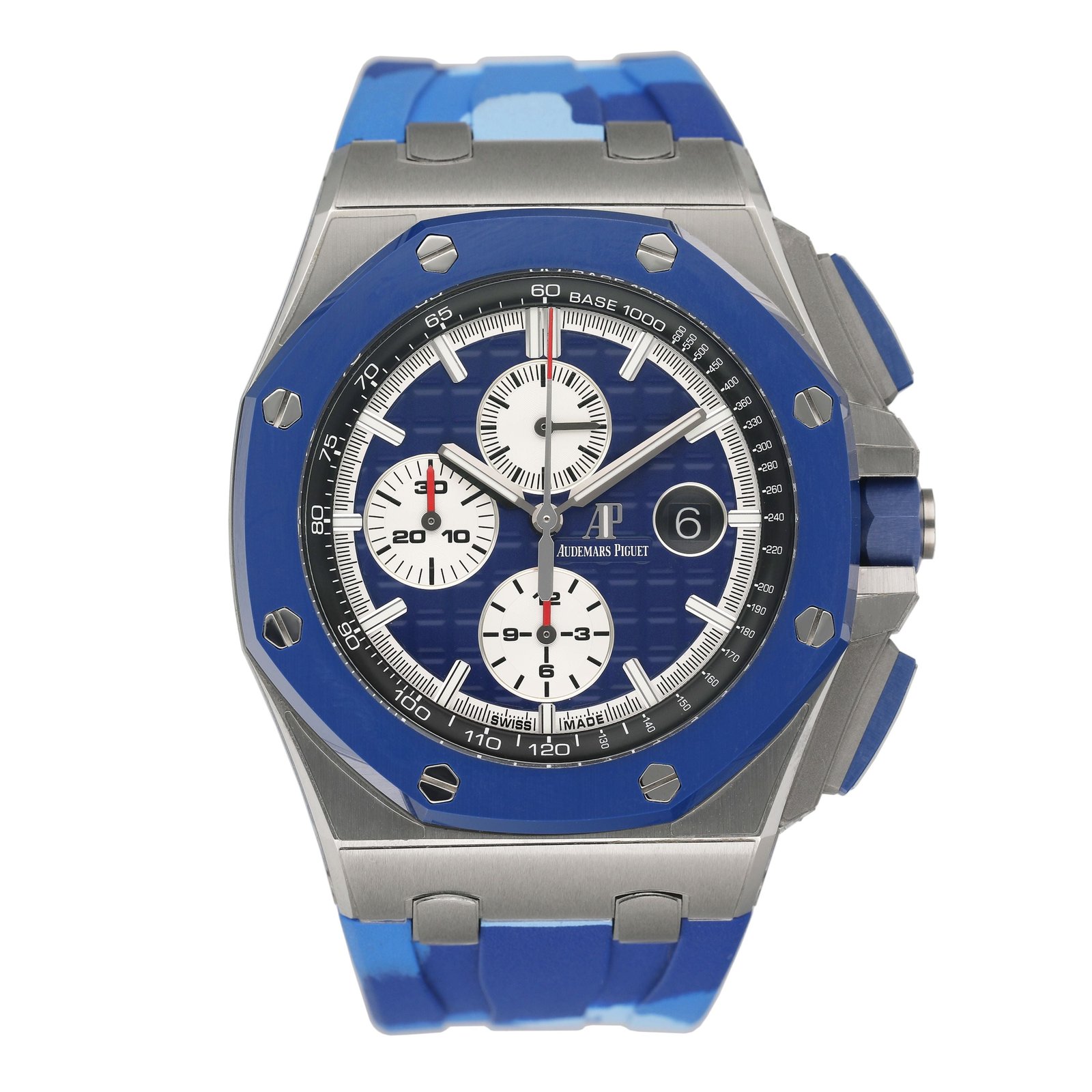 Audemars Piguet Royal Oak Offshore 26400SO mostrador azul Camouflage Chronograph Relógio Masculino Caixa e Documentos