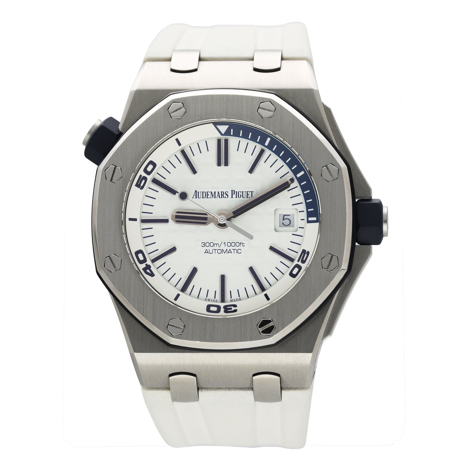 Audemars Piguet Royal Oak Offshore Diver 15710ST mostrador branco Relógio Masculino Caixa e Documentos