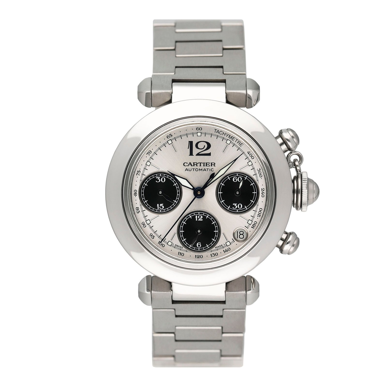 Cartier Pasha W31048M7 mostrador prata Chronograph Relógio Masculino