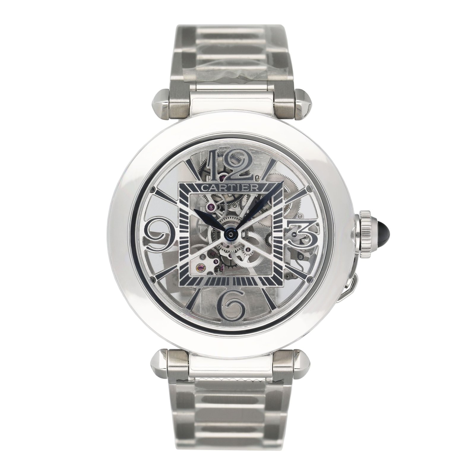 Cartier Pasha WHPA0007 Skeleton Steel Relógio Box