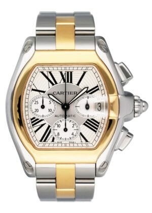 Cartier Roadster W62027Z1 mostrador prata Two Tone Relógio Masculino Caixa e Documentos