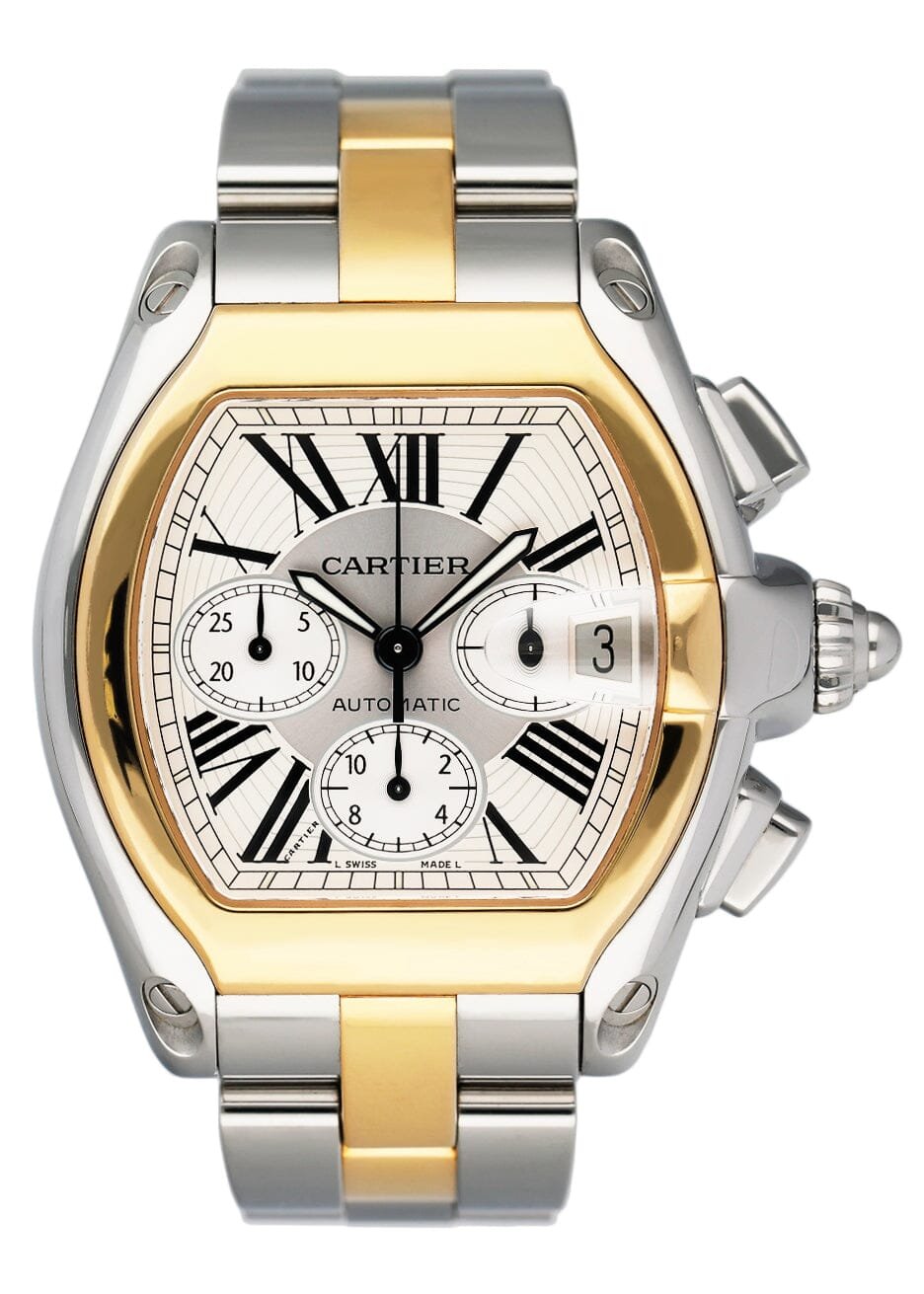 Cartier Roadster W62027Z1 mostrador prata Two Tone Relógio Masculino Caixa e Documentos