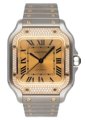 Cartier Santos De Cartier W3SA0007 Midsize Diamond mostrador champagne Two-Tone Relógio Feminino Caixa e Documentos
