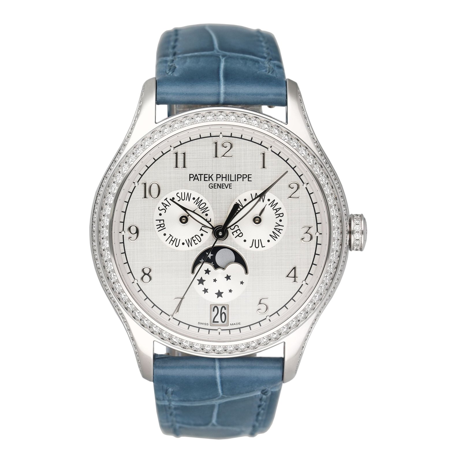 NOS Patek Philippe Annual Calendar 4947G mostrador prata Relógio Masculino Caixa e Documentos