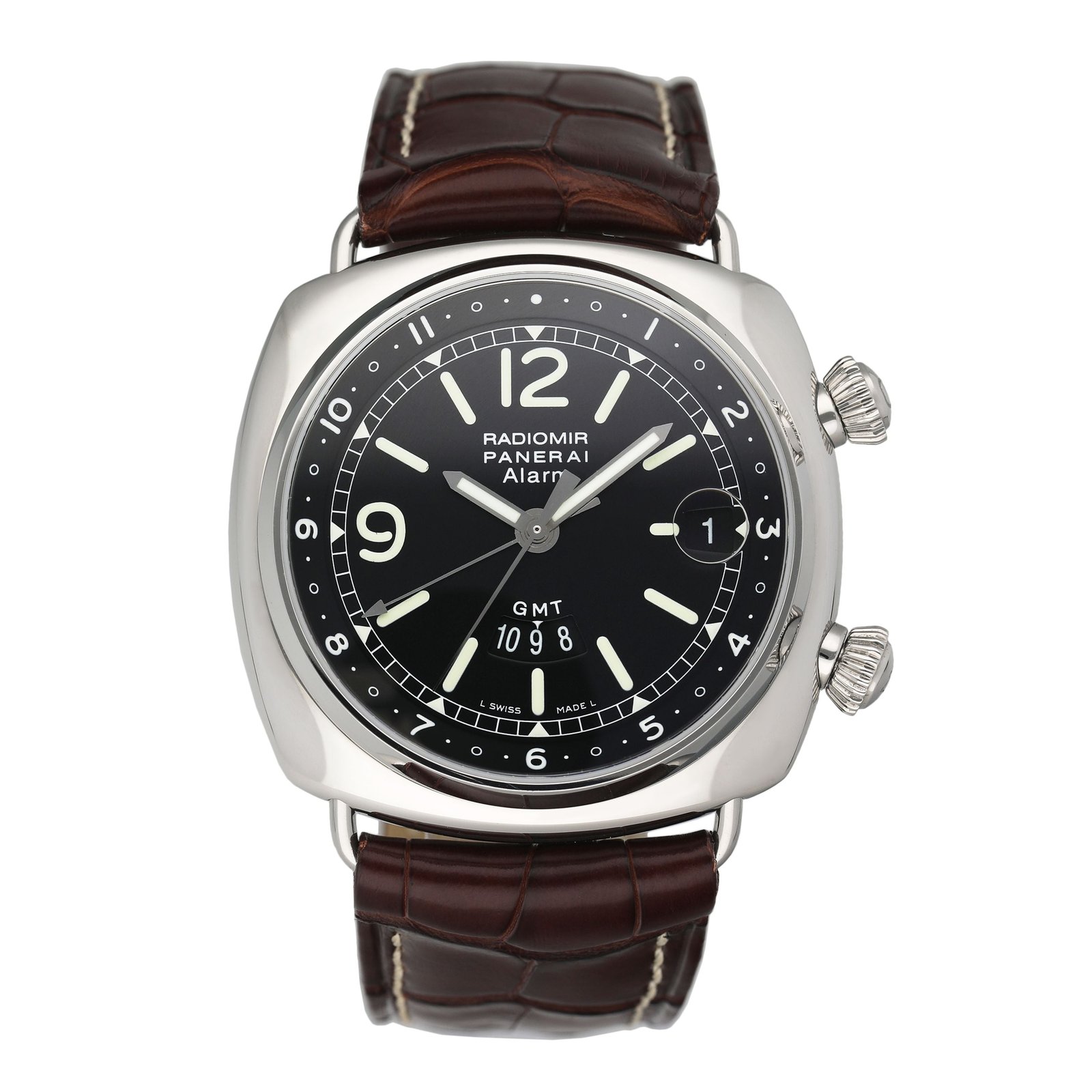 Panerai Radiomir GMT/Alarm PAM00098 mostrador preto Steel Relógio Masculino Caixa e Documentos