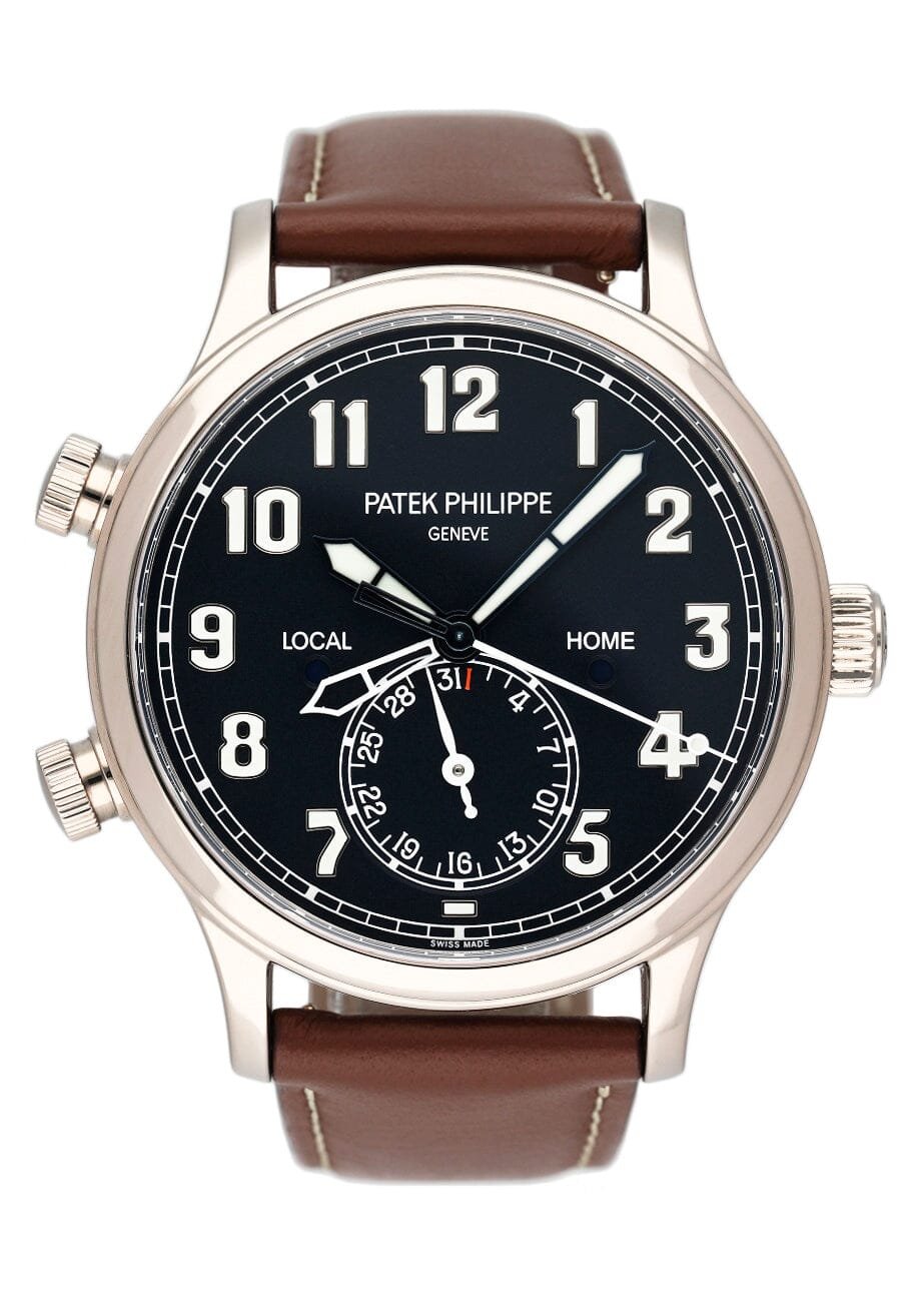 Patek Philippe Calatrava Pilot Travel Time 5524G mostrador azul Relógio Masculino Caixa e Documentos