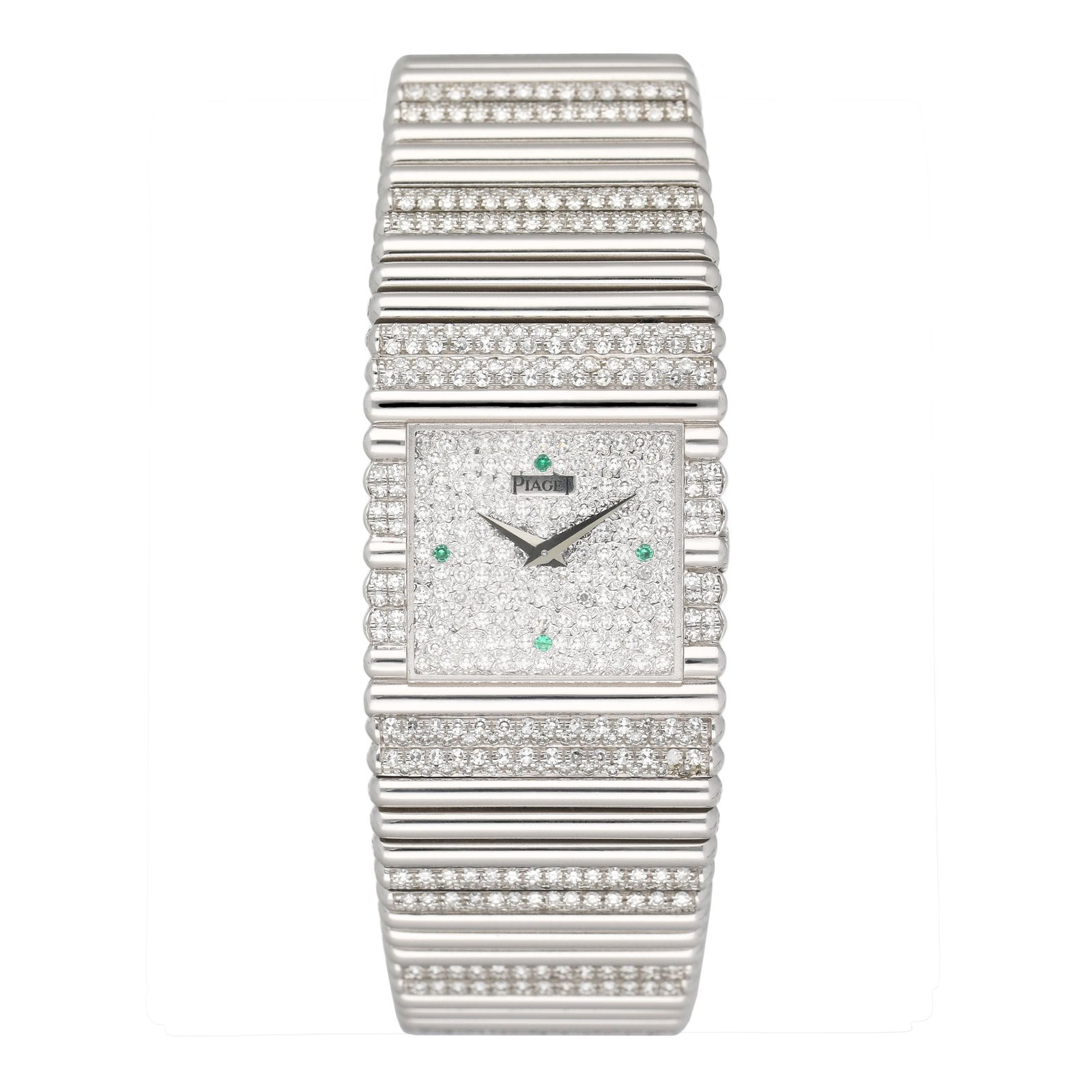 Piaget Polo Square 9131 C505 Emerald Pave Dial 18k ouro branco Relógio