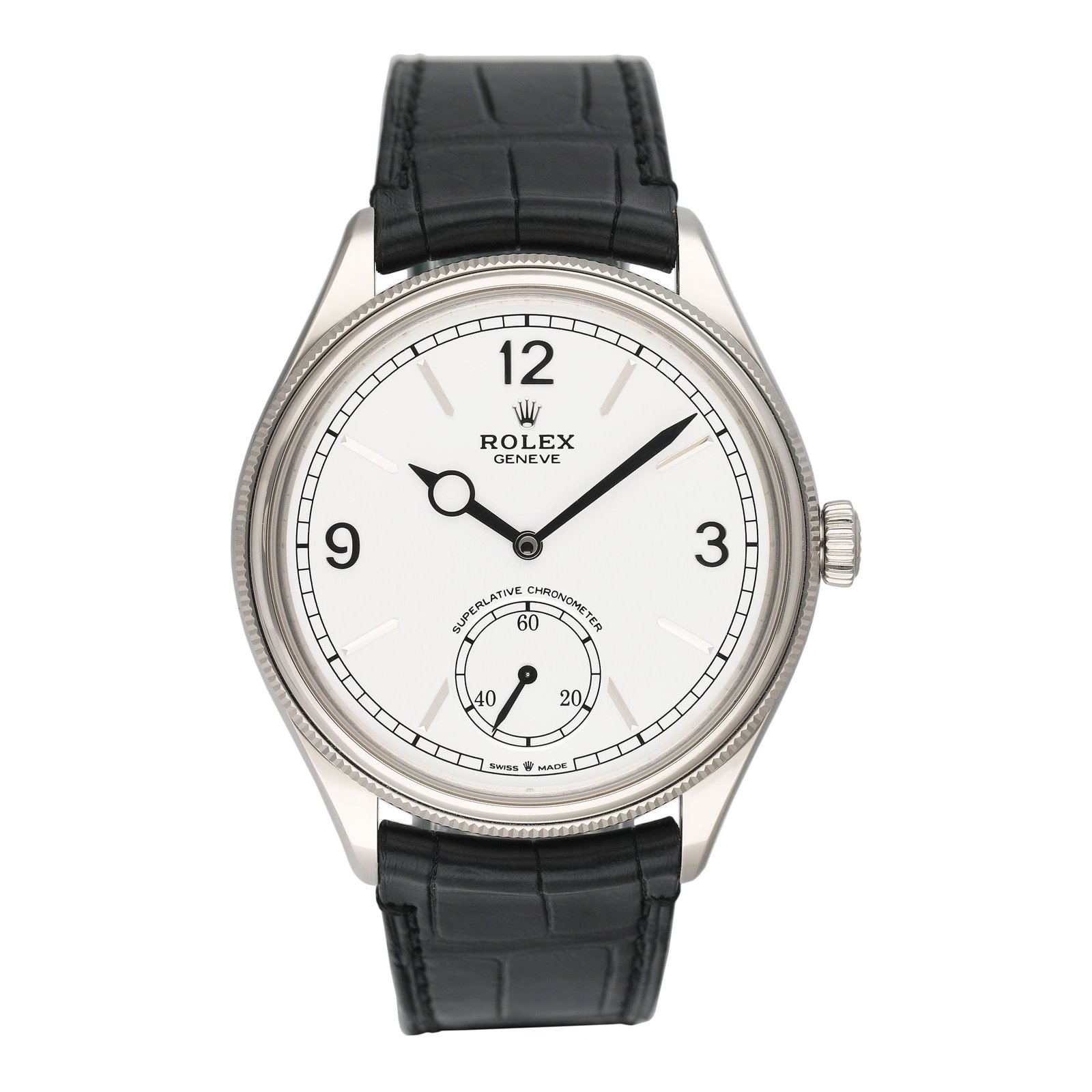 Rolex 1908 Intense mostrador branco 18k ouro branco Relógio Masculino Caixa e Documentos