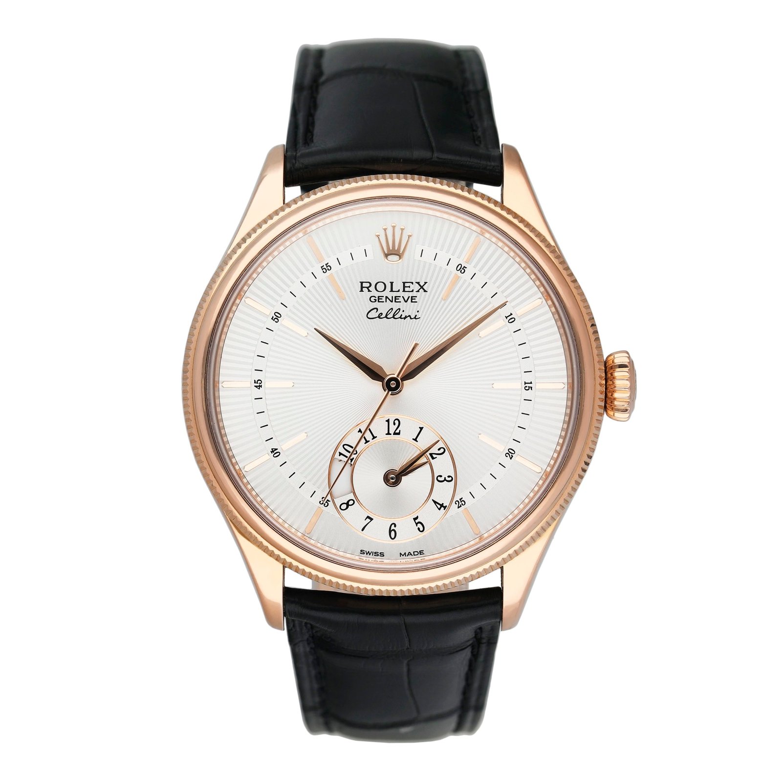 Rolex Cellini duplo fuso horário (Dual Time) 50525 mostrador prata 18k ouro rosa Relógio Masculino Caixa e Documentos