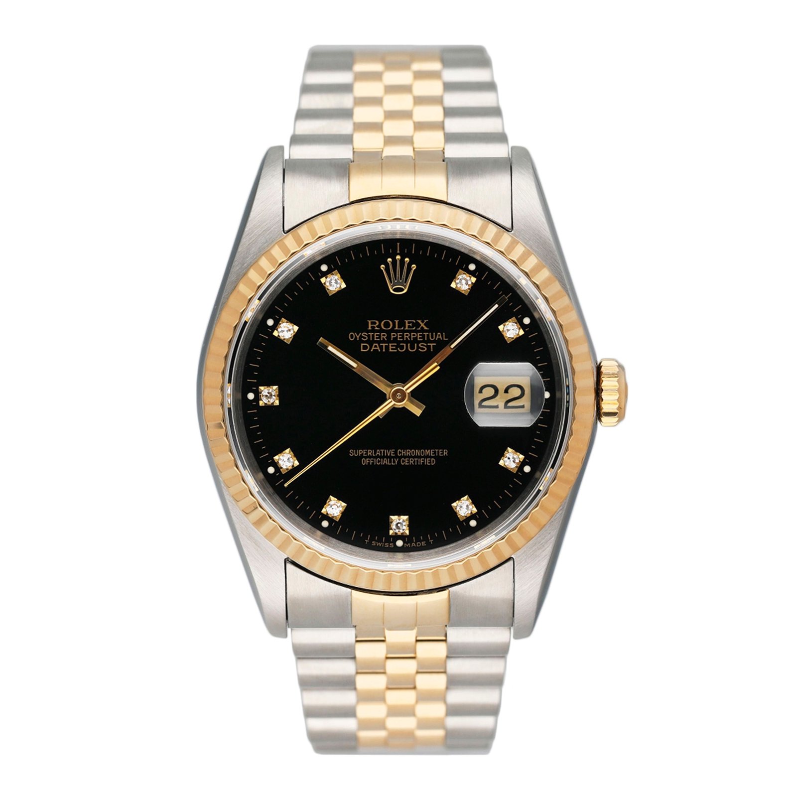 Rolex Datejust 16233 Diamond mostrador preto Two Tone Relógio Masculino Caixa e Documentos