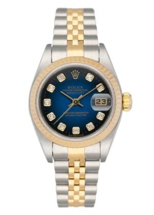 Rolex Datejust 179173 Diamond Blue Vignette Dial Relógio Feminino Caixa e Documentos