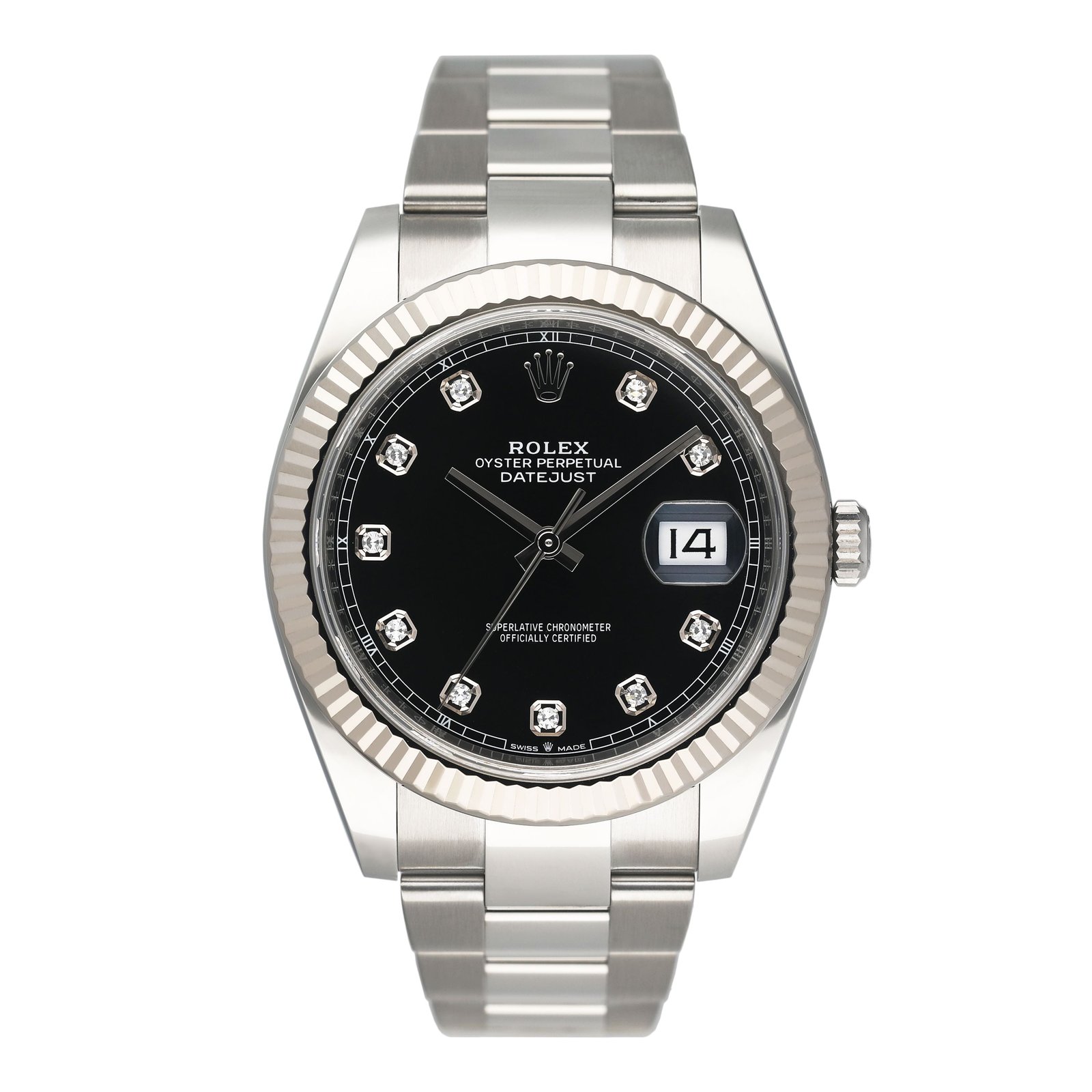 Rolex Datejust 41 126334 Diamond mostrador preto Steel Relógio Masculino Caixa e Documentos