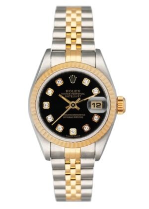 Rolex Datejust 69173 Diamond mostrador preto Relógio Feminino Caixa e Documentos
