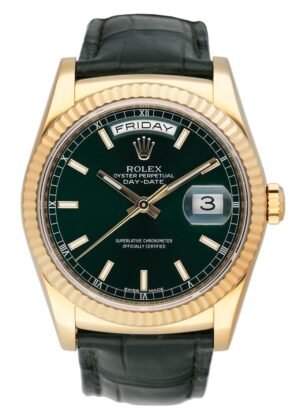 Rolex Day Date 118138 Green Dial 18k ouro amarelo Relógio Masculino Caixa e Documentos