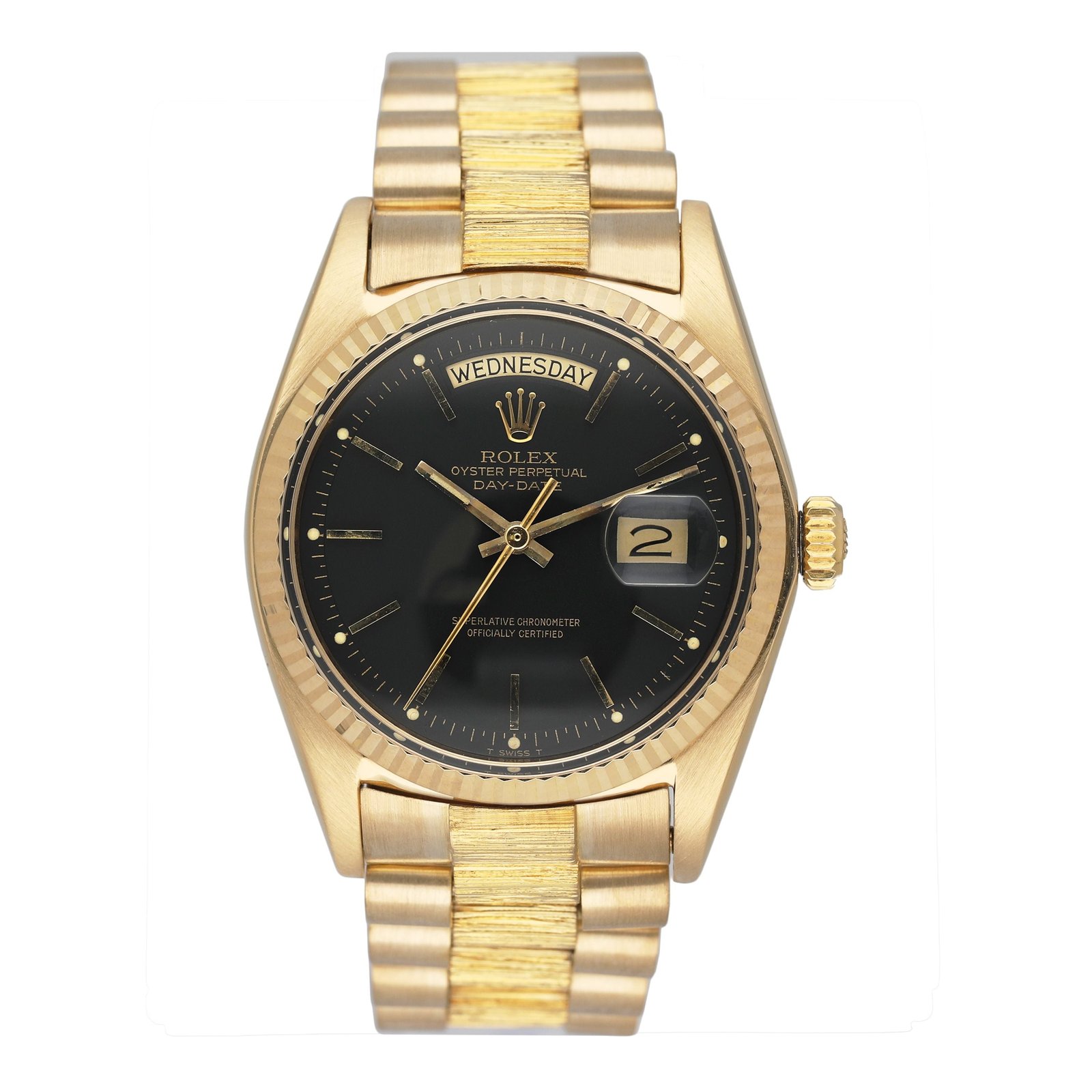 Rolex Day Date 1803 mostrador preto Bark Finish 18k ouro amarelo Relógio Masculino