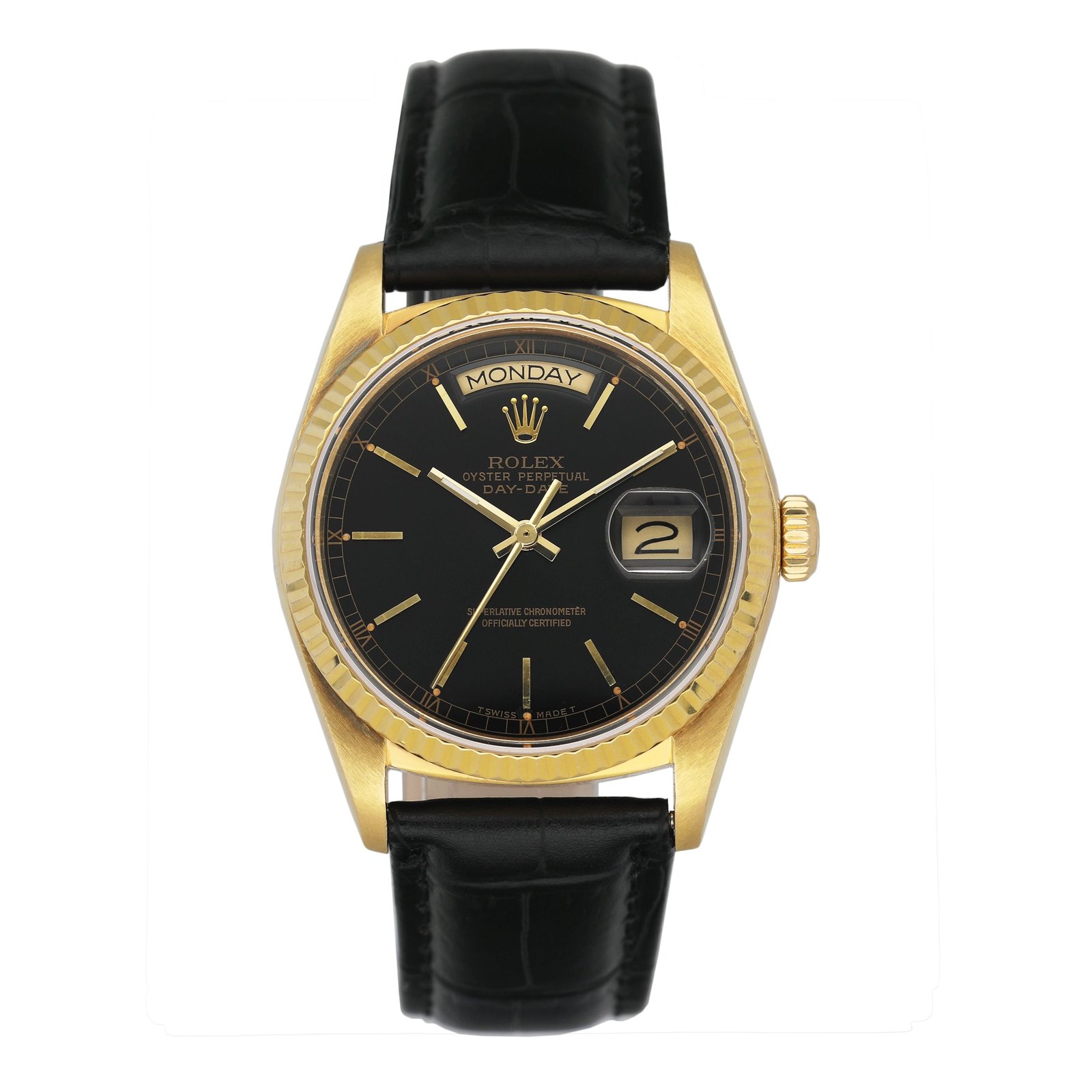 Rolex Day Date 18038 mostrador preto 18k ouro amarelo Relógio Masculino Caixa e Documentos
