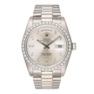 Rolex Day-Date 18049 Diamond mostrador prata 18k ouro branco Relógio Masculino Caixa e Documentos