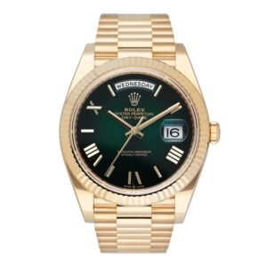 Rolex Day-Date 228238 Green Ombré Dial 18k ouro amarelo Relógio Masculino Caixa e Documentos