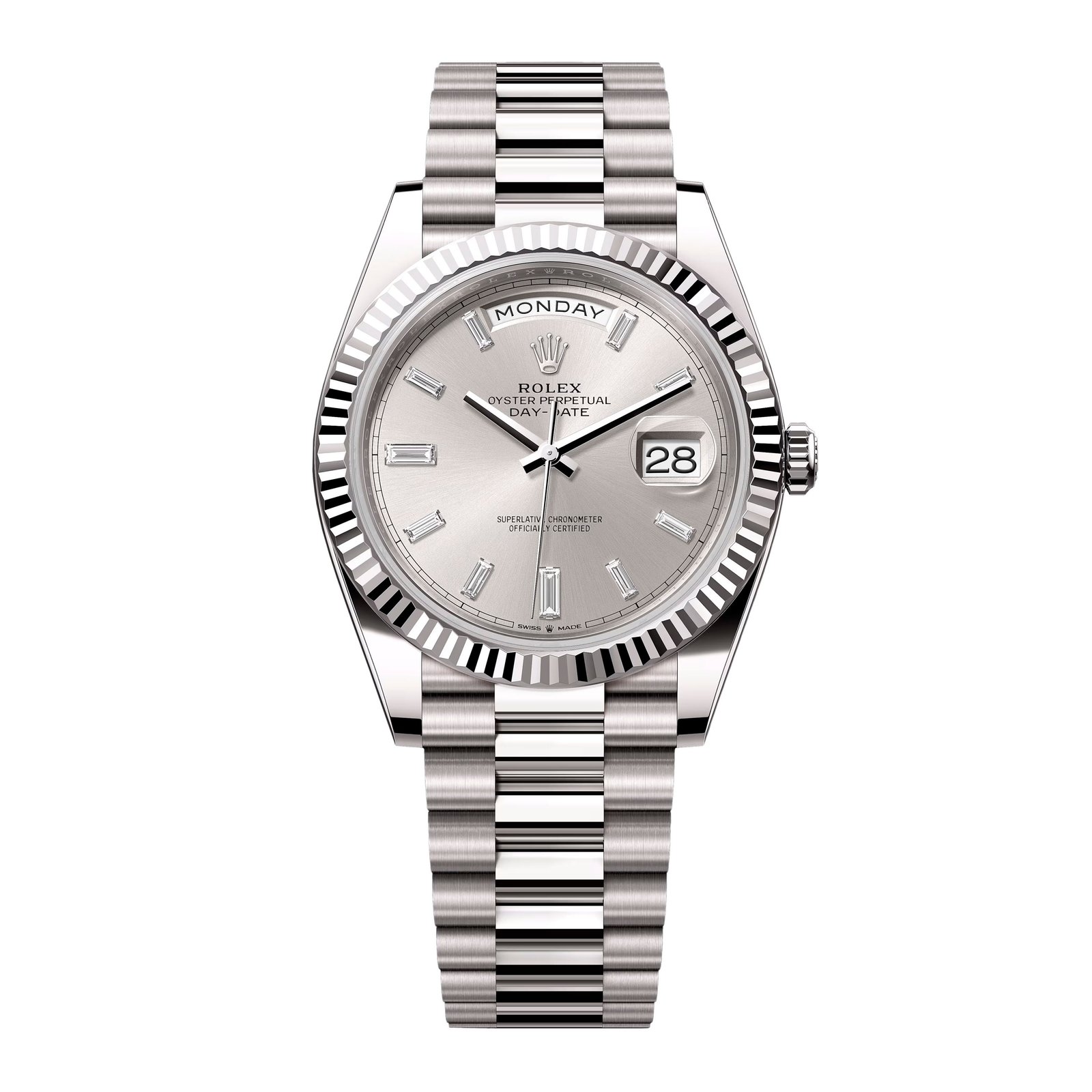Rolex Day-Date 228239 Diamond mostrador prata Relógio Masculino Caixa e Documentos