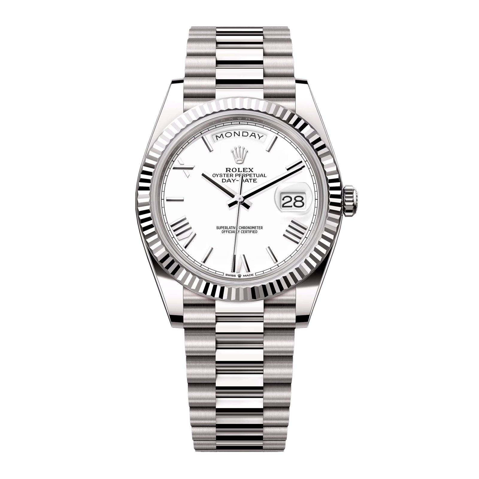 Rolex Day-Date 228239 mostrador branco Relógio Masculino Caixa e Documentos