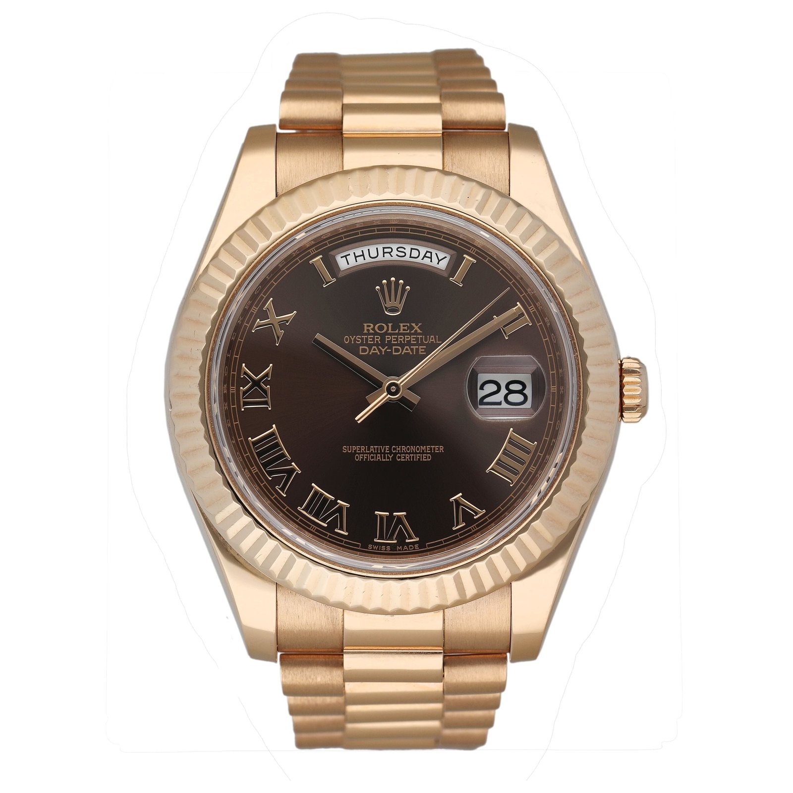 Rolex Day Date 41 218235 Chocolate Dial 18k ouro rosa Relógio Masculino Caixa e Documentos
