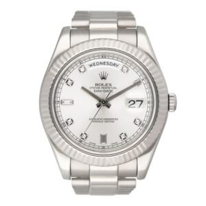Rolex Day-Date 41 218239 Diamond mostrador prata 18k ouro branco Relógio Masculino Caixa e Documentos
