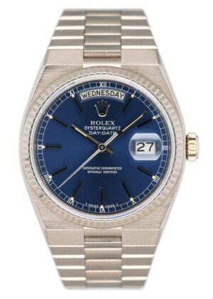 Rolex Day Date Oysterquartz 19019 mostrador azul 18k ouro branco Relógio Masculino