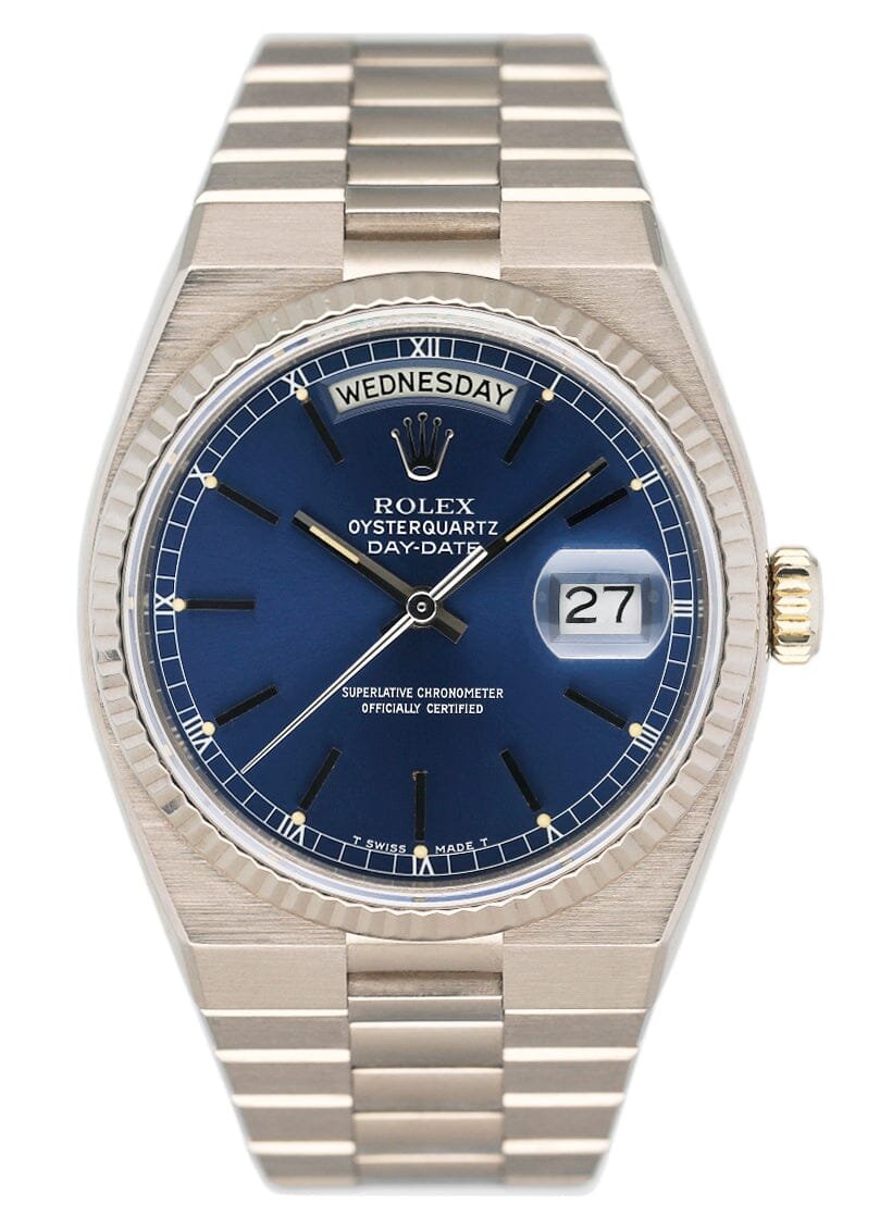 Rolex Day Date Oysterquartz 19019 mostrador azul 18k ouro branco Relógio Masculino