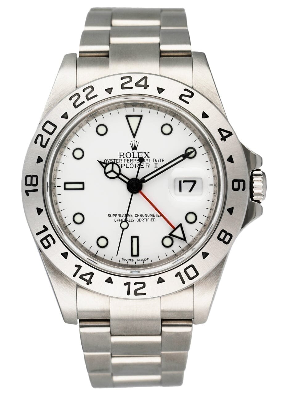 Rolex Explorer II 16570 mostrador branco gravado Steel Relógio Masculino