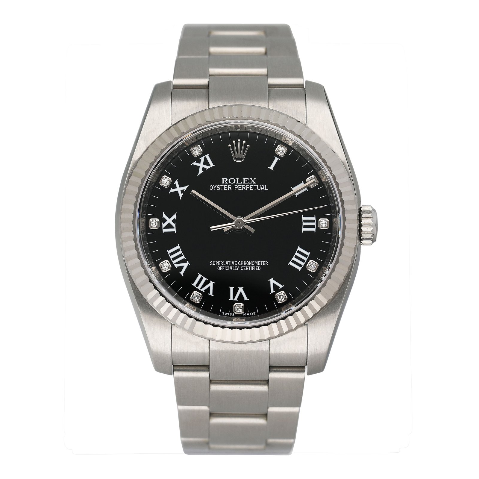 Rolex Oyster Perpetual 36 116034 Diamond mostrador preto Relógio Masculino Caixa e Documentos