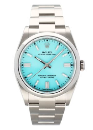 Rolex Oyster Perpetual Turquoise Dial 126000 Relógio Masculino Caixa e Documentos